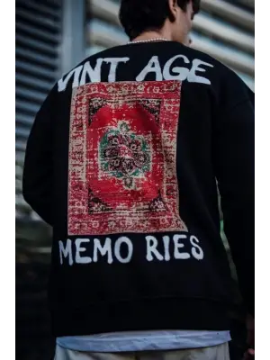 Oversize Bisiklet Yaka Üç İplik Baskılı SweatShirt - Siyah
