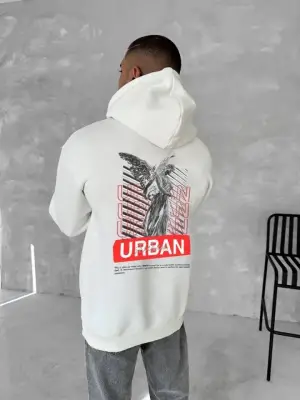 Oversize Üç İplik Kapüşonlu SweatShirt - Beyaz