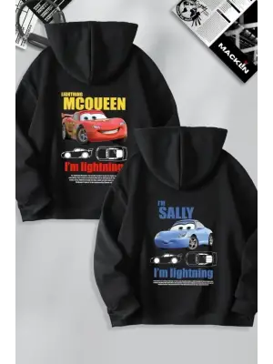 Sevgililer Günü Özel Kapüşonlu Araba Baskılı Oversize Sweatshirt - Siyah