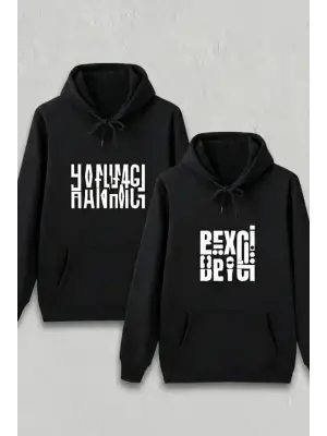 Sevgililer Günü Özel Kapüşonlu Beyci Baskılı Oversize Sweatshirt - Siyah