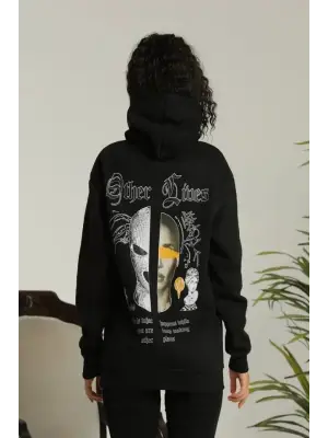 Sırt Baskılı Oversize Üç İplik Kapüşonlu Sweatshirt - Siyah
