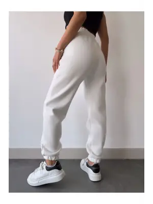 Üç İplik Basic Lastikli Eşofman Pantolon - Beyaz