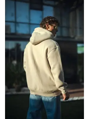 Üç İplik Penye Kapşonlu Basic SweatShirt - Bej