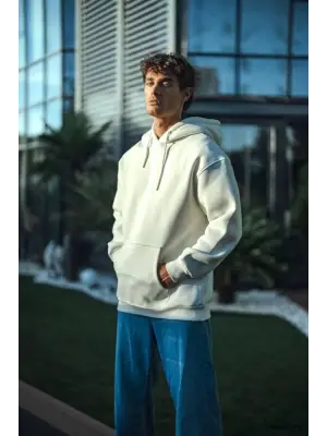 Üç İplik Penye Kapşonlu Basic SweatShirt - Beyaz