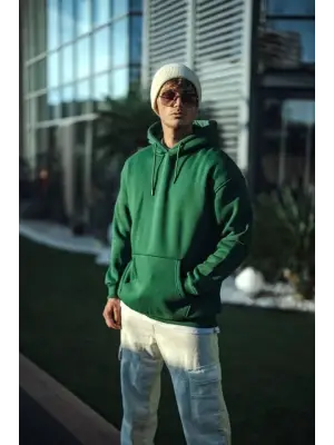 Üç İplik Penye Kapşonlu Basic SweatShirt - Haki