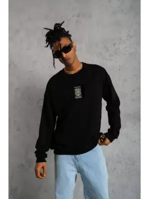 Unisex Bisiklet Yaka Baskılı Oversize Sweatshirt - Siyah