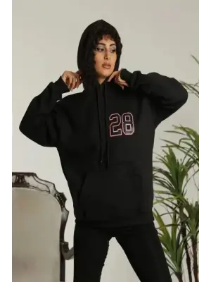 Unisex Kapşonlu Baskılı Sweetshirt - Siyah
