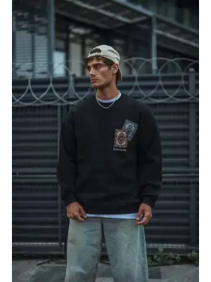 Uzun Kol Bisiklet Yaka Baskılı SweatShirt - Siyah