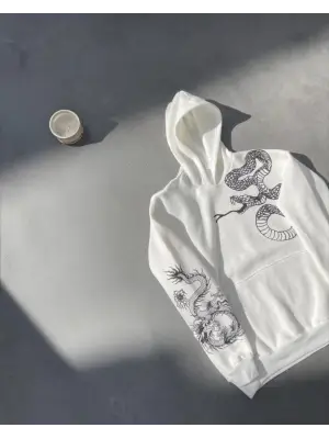 Uzun Kol Kapşonlu Baskılı SweatShirt - Beyaz