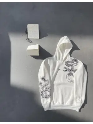 Uzun Kol Kapşonlu Baskılı SweatShirt - Beyaz