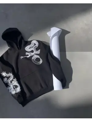 Uzun Kol Kapşonlu Baskılı SweatShirt - Siyah