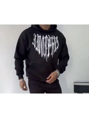 Uzun Kol Kapşonlu Baskılı SweatShirt - Siyah