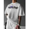Baskılı Oversize Bisiklet Yaka T-shirt - Beyaz