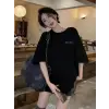 Baskılı Oversize Bisiklet Yaka T-shirt - Siyah