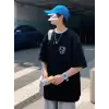 Baskılı Oversize Bisiklet Yaka T-shirt - Siyah