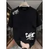 Baskılı Oversize Bisiklet Yaka T-shirt - Siyah