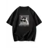 Baskılı Oversize Bisiklet Yaka T-shirt - Siyah