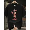 Baskılı Oversize Bisiklet Yaka T-shirt - Siyah