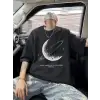 Baskılı Oversize Bisiklet Yaka T-shirt - Siyah