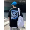 Baskılı Oversize Bisiklet Yaka T-shirt - Siyah