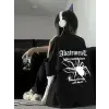 Baskılı Oversize Bisiklet Yaka T-shirt - Siyah