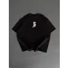 Baskılı Oversize Bisiklet Yaka T-shirt - Siyah