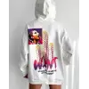 Baskılı Üç İplik Kapüşonlu Oversize Sweatshirt - Beyaz