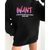 Baskılı Üç İplik Kapüşonlu Oversize Sweatshirt - Siyah