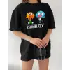 Bisiklet Yaka Baskılı Oversize T-Shirt - Siyah