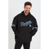 Erkek Baskılı Kapşonlu Üç Iplik Oversize Sweatshirt - Siyah