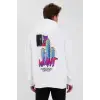 Erkek Baskılı Üç İplik Kapüşonlu Oversize Sweatshirt - Beyaz