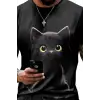 Erkek Bisiklet Yaka Kedi Baskılı Süprem T-shirt