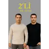 Erkek Fitilli Triko Kazak 2’li Set Bej Beyaz Kalın Dokuma Pamuklu Regular Fit Bisiklet