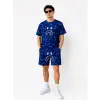 Erkek Oversize Kalıp Pubg Bape X Shark Nakışlı Cepli Şort Takım - Mavi