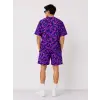 Erkek Oversize Kalıp Pubg Bape X Shark Nakışlı Cepli Şort Takım - Mor