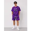 Erkek Oversize Kalıp Pubg Bape X Shark Nakışlı Cepli Şort Takım - Mor