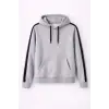 Erkek Şeritli Kapüşonlu Sweatshirt Oversize 3 Iplik Pamuklu - Gri