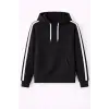 Erkek Şeritli Kapüşonlu Sweatshirt Oversize 3 Iplik Pamuklu - Siyah