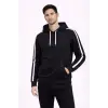 Erkek Şeritli Kapüşonlu Sweatshirt Oversize 3 Iplik Pamuklu - Siyah