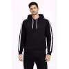 Erkek Şeritli Kapüşonlu Sweatshirt Oversize 3 Iplik Pamuklu - Siyah