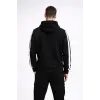 Erkek Şeritli Kapüşonlu Sweatshirt Oversize 3 Iplik Pamuklu - Siyah