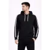 Erkek Şeritli Kapüşonlu Sweatshirt Oversize 3 Iplik Pamuklu - Siyah