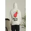 Erkek Sırt Baskılı Oversize Üç İplik Kapüşonlu Sweatshirt - Beyaz
