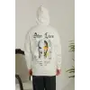 Erkek Sırt Baskılı Oversize Üç İplik Kapüşonlu Sweatshirt - Beyaz