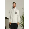 Erkek Sırt Baskılı Oversize Üç İplik Kapüşonlu Sweatshirt - Beyaz