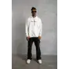 Erkek Sırt Baskılı Oversize Üç İplik Kapüşonlu Sweatshirt - Beyaz