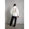 Erkek Sırt Baskılı Oversize Üç İplik Kapüşonlu Sweatshirt - Beyaz