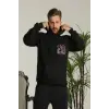 Erkek Sırt Baskılı Oversize Üç İplik Kapüşonlu Sweatshirt - Siyah