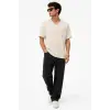 Erkek V Yaka Basic Tişört Kısa Kol Yazlık Regular Fit T-Shirt - Bej