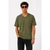 Erkek V Yaka Basic Tişört Kısa Kol Yazlık Regular Fit T-Shirt - Haki
